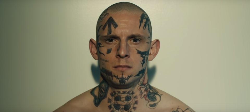 Jamie Bell boasts heavy tattoos and a bald head in the first look trailer for upcoming biographical drama ‘Skin’ (A24/YouTube)