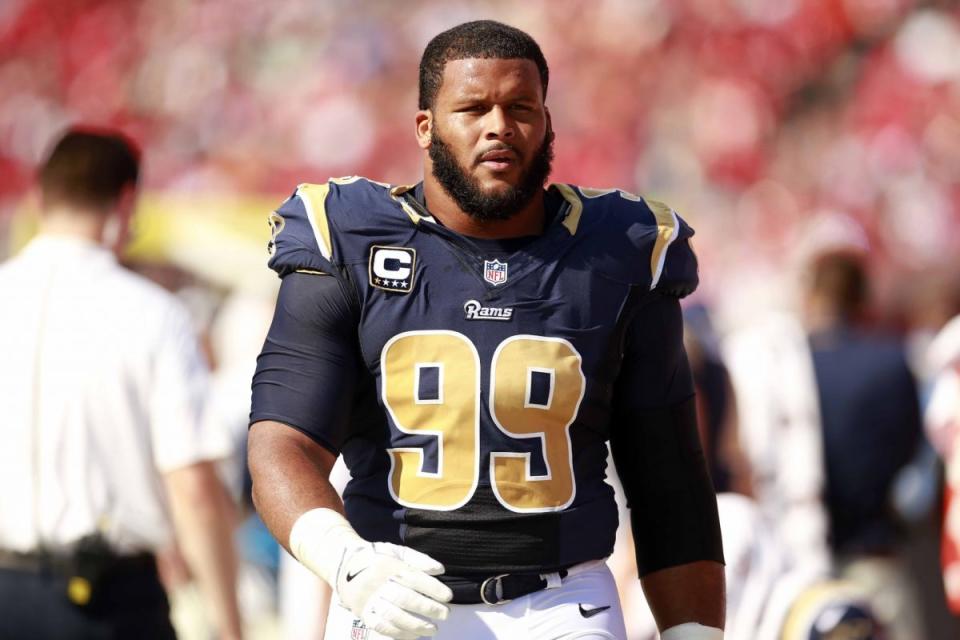 Los Angeles Rams defensive tackle Aaron Donald faces the Tampa Bay Buccaneers. (Jeff Haynes/AP Images for Panini)