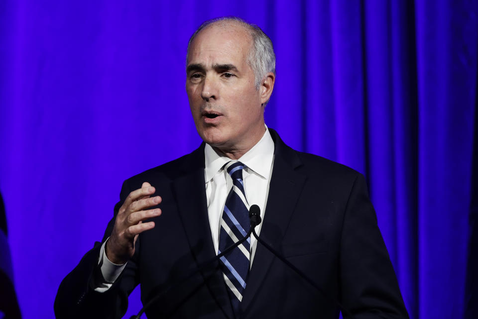 FILE - In this Nov. 1, 2019, file photo Sen. Bob Casey, D-Pa., speaks during a Pennsylvania Democratic Party fundraiser in Philadelphia. The Trump administration was slow to comprehend the scale of COVID-19's impact on nursing homes and a disjointed federal response has only compounded the devastating toll, according to a report from Senate Democrats. “Unfortunately for the nation, it is a chronicle of deadly delay, and a lack of urgency, and the lack of a strategy,” said Casey, ranking Democrat on the Aging Committee. (AP Photo/Matt Rourke, File)