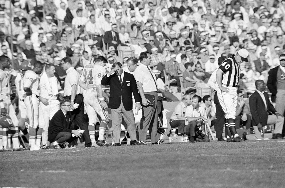 FILE - Kansas City Chiefs head coach Hank Stram reacts during the Chiefs 35-10 loss to the Green Bay Packers during Super Bowl I at the Los Angeles Memorial Coliseum in Los Angeles, Calif., Jan. 15, 1967. (AP Photo/File)