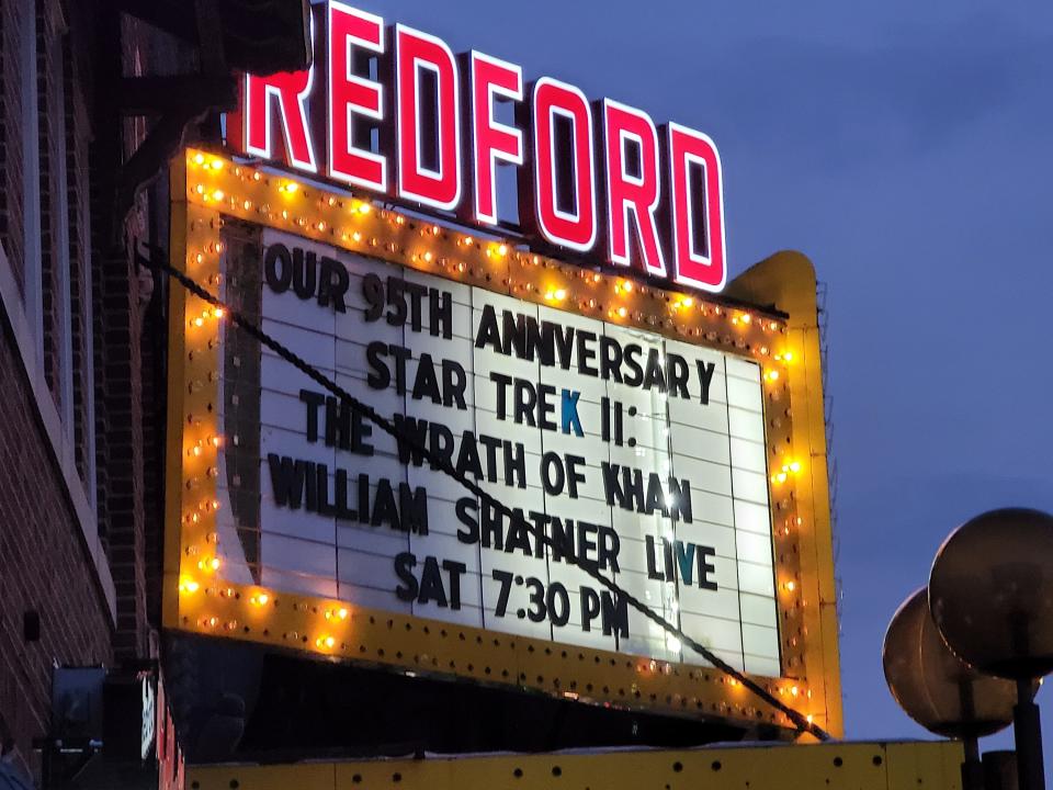 The marquee outside the Redford Theatre in Detroit advertised the appearance of William Shatner, who took questions about the "Star Trek" franchise at a showing of his movie "Star Trek II: The Wrath of Khan" on March 11.