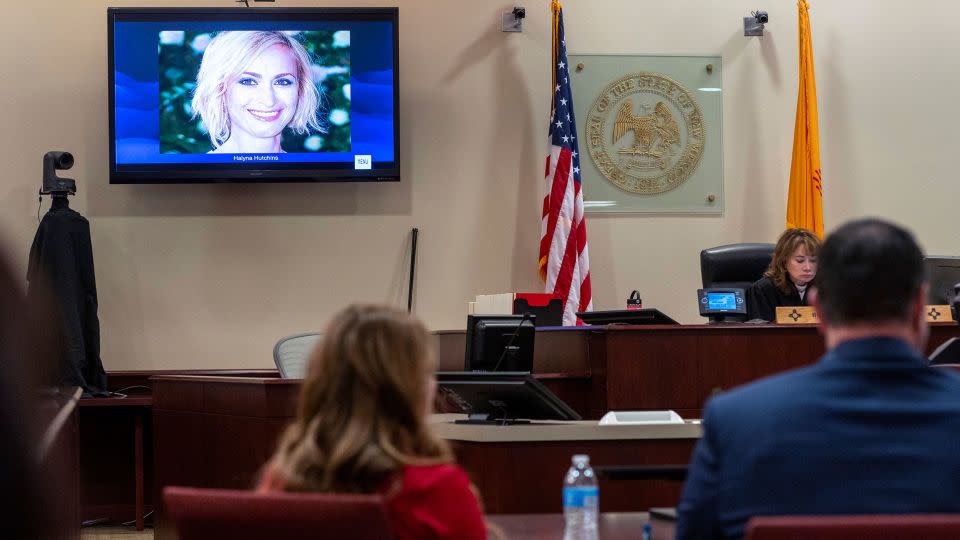 A photo of cinematographer Halyna Hutchins is displayed during the trial of Hannah Gutierrez Reed in Santa Fe, New Mexico, on February 22, 2024. - Eddie Moore/Pool/The Albuquerque Journal/AP