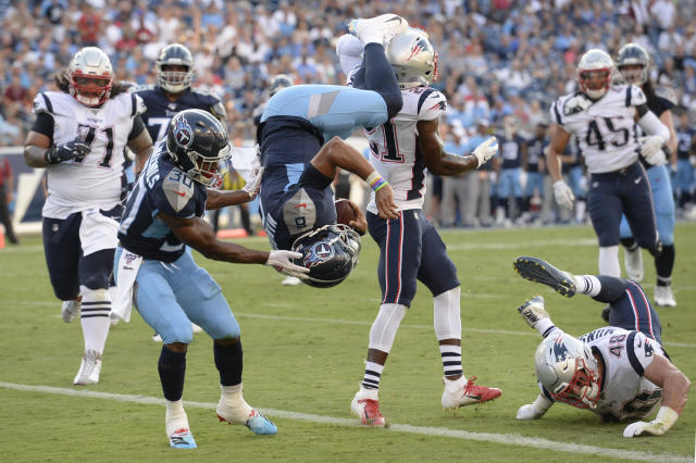 Tennessee Titans quarterback Marcus Mariota #8 during an NFL football game  between the New Engl …