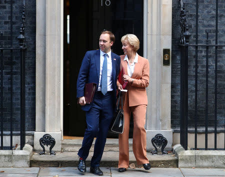 Britain's Leader of the House of Commons Andrea Leadsom and Health Secretary Matt Hancock leave 10 Downing Street, London, Britain October 16, 2018. REUTERS/Hannah McKay