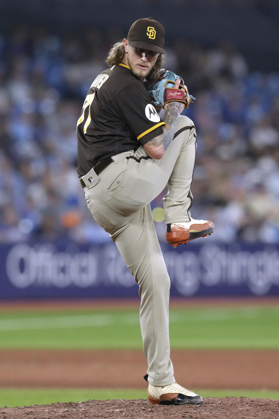 San Diego Padres relief pitcher Josh Hader works against the Toronto Blue Jays during the ninth inning of a baseball game Wednesday, July 19, 2023, in Toronto. (Chris Young/The Canadian Press via AP)