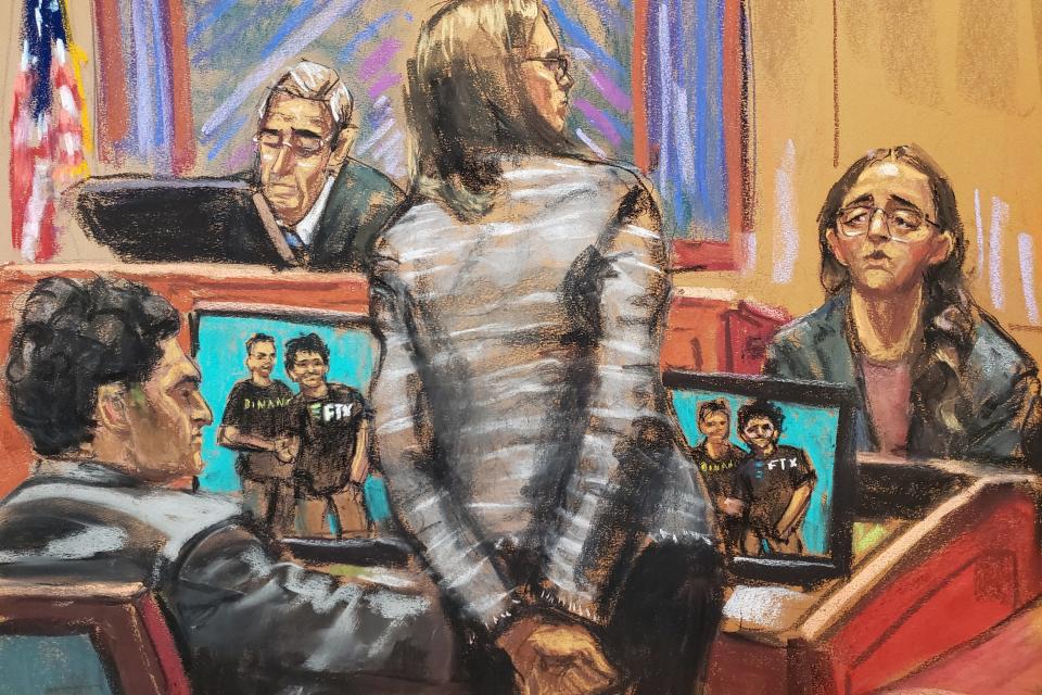 A courtroom sketch of Caroline Ellison testifying.