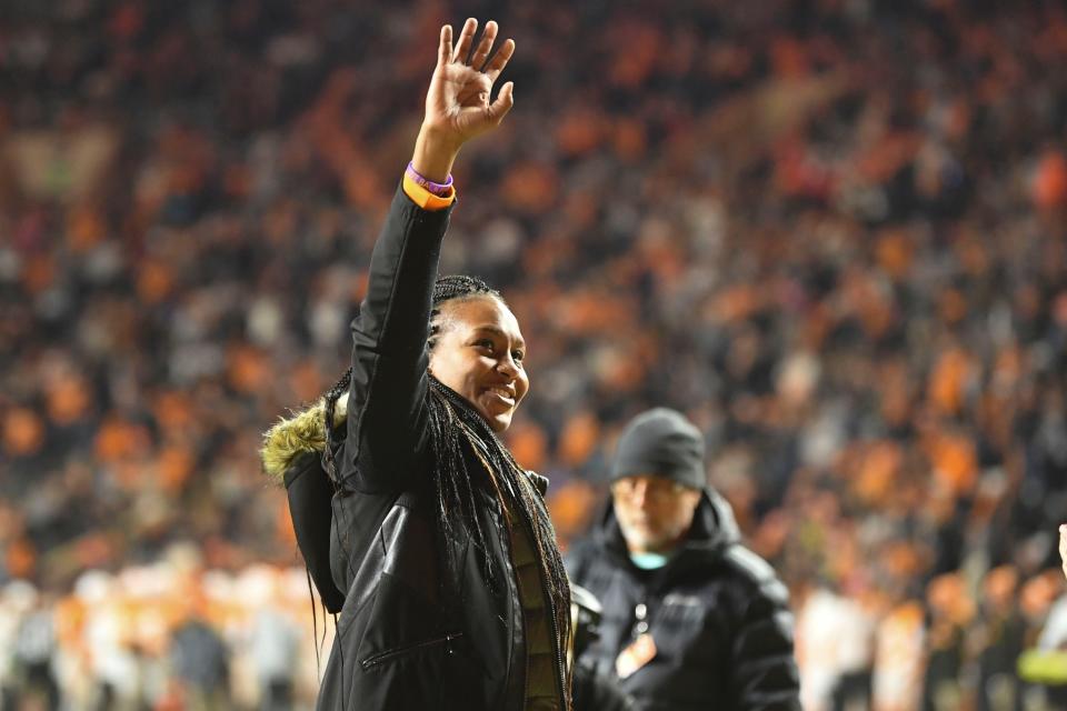 Women's Basketball Hall of Famer Tamika Catchings is introduced to the crowd during the NCAA football game between the Tennessee Volunteers and South Alabama Jaguars in Knoxville, Tenn. on Saturday, November 20, 2021.