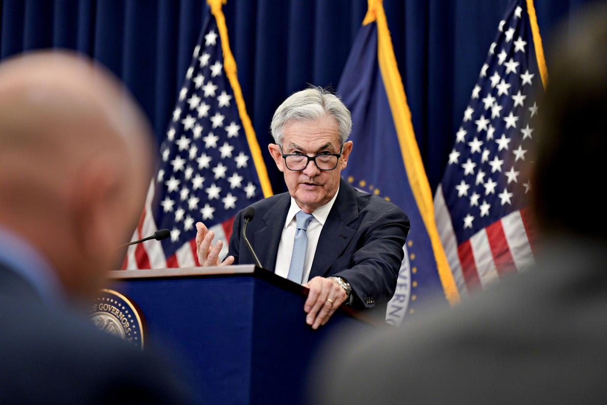 Jerome Powell, chairman of the US Federal Reserve, speaks during a news conference following a Federal Open Market Committee (FOMC) meeting in Washington, D.C., on March 22, 2023.