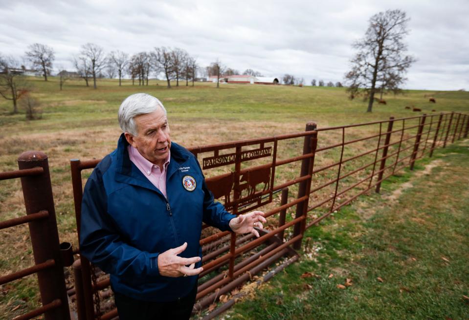 Missouri Governor Mike Parson reflects on his time in office and what he plans to do after he leaves office during an interview at his farm near Bolivar on Thursday, Nov. 16, 2023.