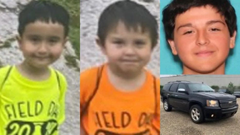 Angel Ribera, left; Aiydann Ribera, center; Julian Ribera, top right; suspect's vehicle, bottom right