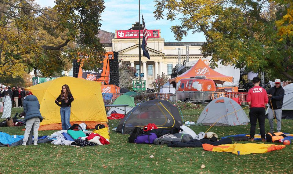 University of Utah students set up tents to camp out on Presidents Circle for the “College GameDay” broadcast in Salt Lake City on Friday, Oct. 27, 2023. | Jeffrey D. Allred, Deseret News