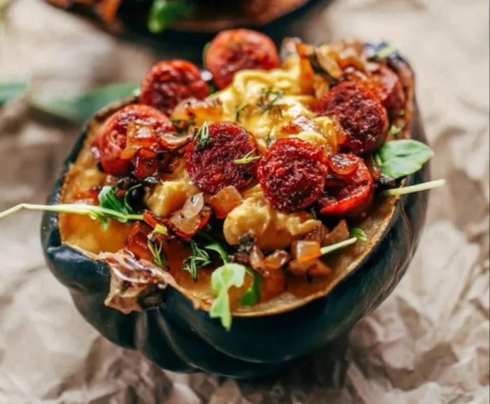 <p>Paleo Gluten Free Eats</p><p>Without a doubt, this is our favorite paleo breakfast for fall. </p><p><strong>Get the recipe: <a href="https://parade.com/1116350/kelli-acciardo/egg-sage-sausage-stuffed-acorn-squash/" rel="nofollow noopener" target="_blank" data-ylk="slk:Egg Sage Sausage Stuffed Acorn Squash;elm:context_link;itc:0;sec:content-canvas" class="link ">Egg Sage Sausage Stuffed Acorn Squash</a></strong></p>