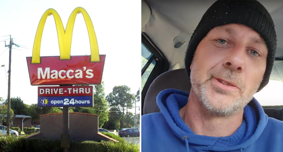 John Billing sits in his car (right) and a McDonald's drive-thru (left).  