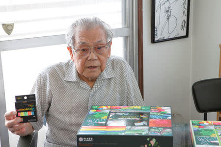 Takayasu Watanabe holds a box of chalks at his office where he used to run chalk-making business for decades before closing down last year, during an interview with Reuters in Nagoya, Japan, August 9, 2016. REUTERS/Tetsushi Kajimoto