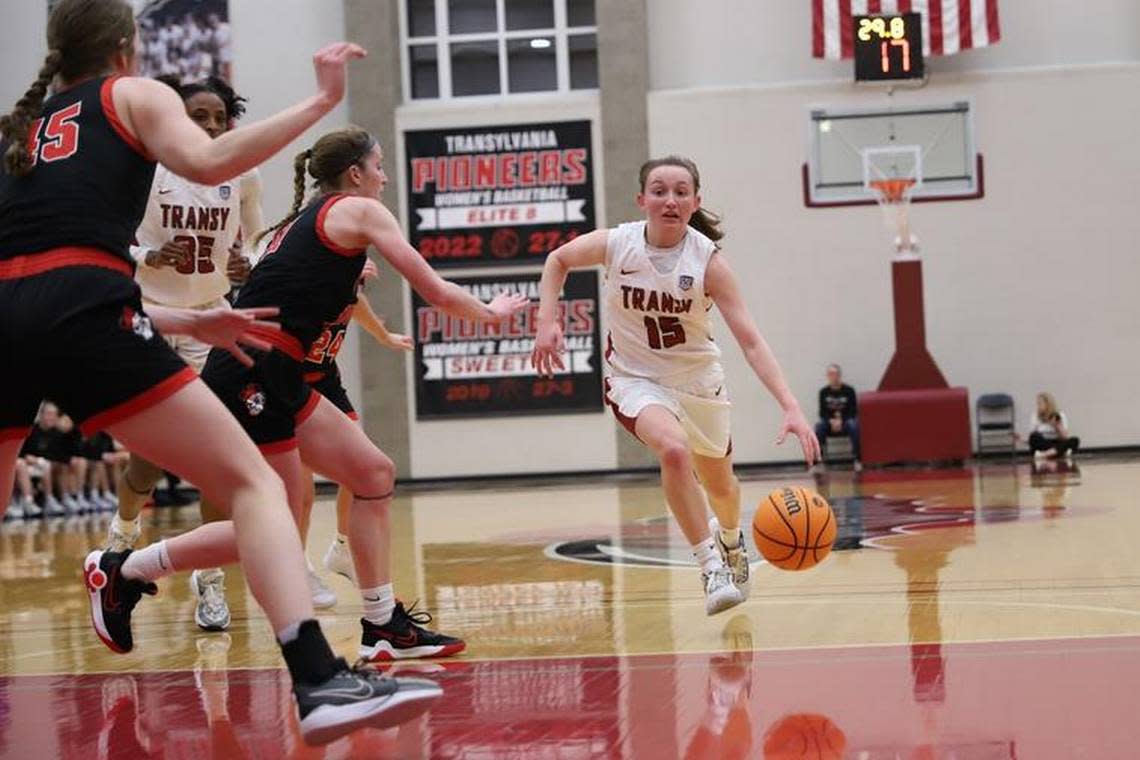 Sadie Wurth (15) scored 25 points to lead Transylvania past Ohio Wesleyan 70-55 in Lexington on Saturday. The undefeated, defending national champion Pioneers will travel to the University of Wisconsin-Whitewater for their NCAA Sweet 16 matchup against the University of Wisconsin-Stout on Friday.