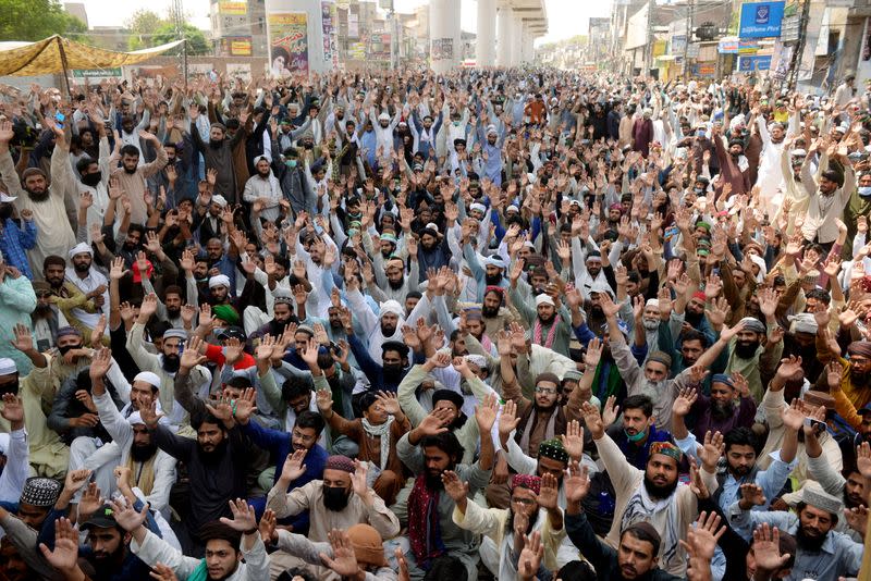 FILE PHOTO: Protest by the supporters of the banned Islamist political party Tehrik-e-Labaik Pakistan (TLP) in Lahore