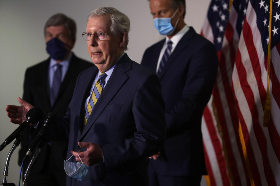 U.S. Senate Majority Leader Sen. Mitch McConnell (R-KY) speaks to members of the press after the weekly Senate Republican Policy Luncheon September 22, 2020 at Hart Senate Office Building on Capitol Hill in Washington, DC. (Alex Wong/Getty Images)