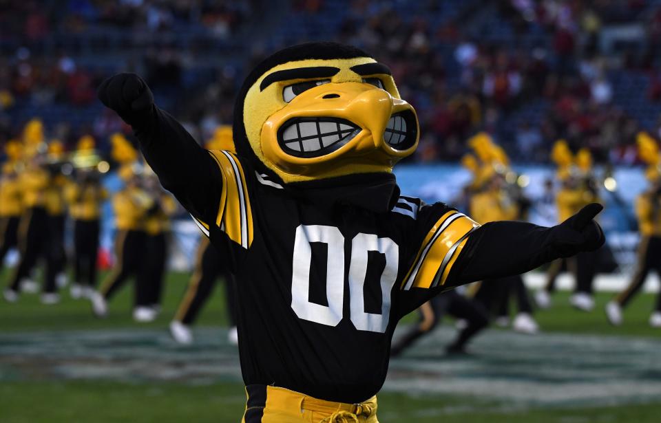 Dec 27, 2019; San Diego, California, USA; Iowa Hawkeyes mascot Herky the Hawk gestures in the first half against the Southern California Trojans during the Holiday Bowl at SDCCU Stadium. Credit: Kirby Lee-USA TODAY Sports