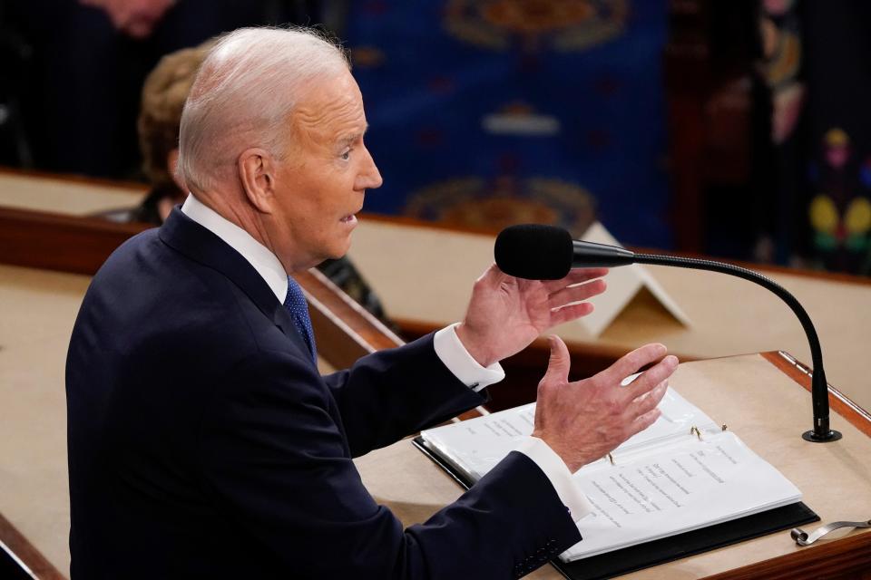 WASHINGTON, DC - MARCH 01: US President Joe Biden delivers his first State of the Union address to a joint session of Congress, at the Capitol on March 01, 2022 in Washington, DC.