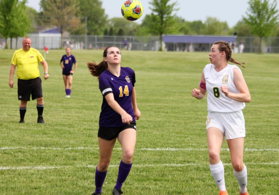 Williamsville senior forward Grayson Mirabile taps the ball to herself before scoring the opening goal in the Class 1A home regional final against Champaign St. Thomas More on Saturday, May 14.
