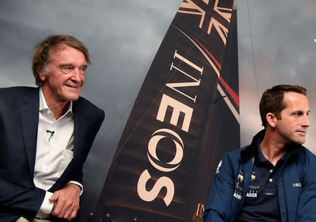 Jim Ratcliffe, CEO of British petrochemicals company INEOS poses for a photograph with British Olympic sailor Ben Ainslie, during a news conference to announce the launch of a British America's Cup sailing team in London, Britain, April 26, 2018. REUTERS/Toby Melville