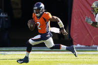 Denver Broncos quarterback Kendall Hinton (2) scrambles against the New Orleans Saints during the first half of an NFL football game, Sunday, Nov. 29, 2020, in Denver. (AP Photo/Jack Dempsey)