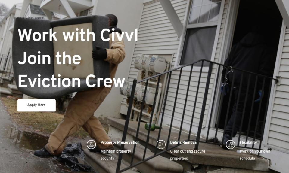 Una captura de pantalla del sitio web de Civvl, donde se propone a trabajadores que se unan a su personal dedicado a los desalojos. (civvl.com)