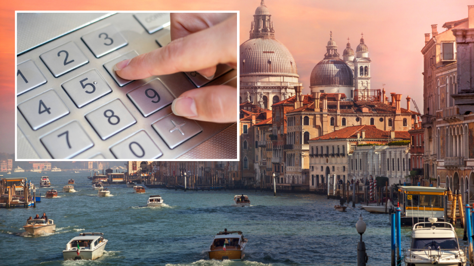 Venice at sunset, inset: image of hand touching type pad on ATM.