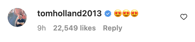 Tom Holland's comment on Zendaya's post (Instagram / @zendaya)