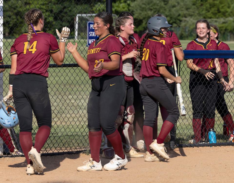 Haddon Heights celebrate their six tun fifth inning. Haddon Heights defeats Donovan Catholic 6-1 in Tournament of Champions semifinal game in Toms River on June 8, 2022. 