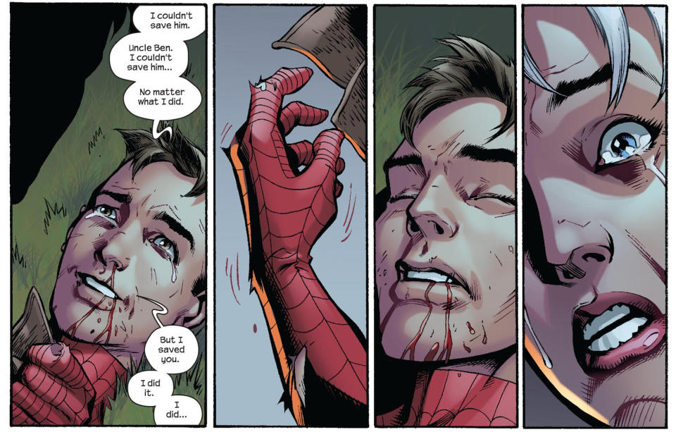 A set of panels from marvel Death of Spider-Man shows peter dying while telling Aunt May he is glad he saved her