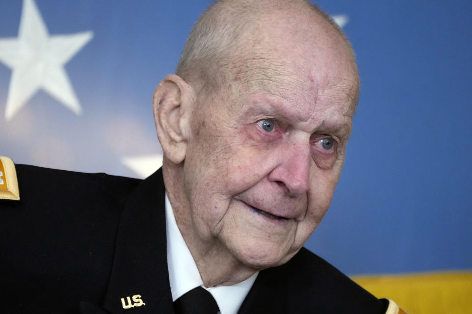 Capt. Larry Taylor, an Army pilot from the Vietnam War who risked his life to rescue a reconnaissance team that was about to be overrun by the enemy, listens as President Joe Biden speaks before he is awarded the Medal of Honor during a ceremony Tuesday, Sept. 5, 2023, in the East Room of the White House in Washington. (AP Photo/Jacquelyn Martin)