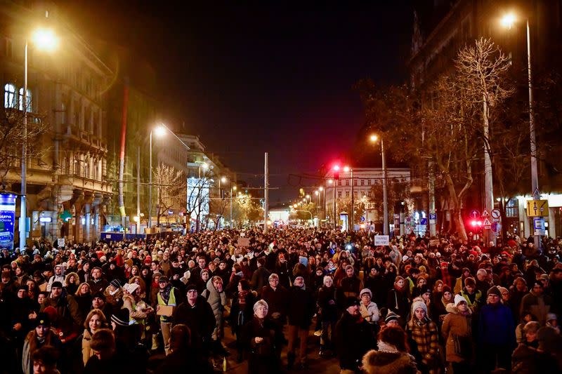 Hungarians protest demanding higher wages for teachers and against dismissals, in Budapest