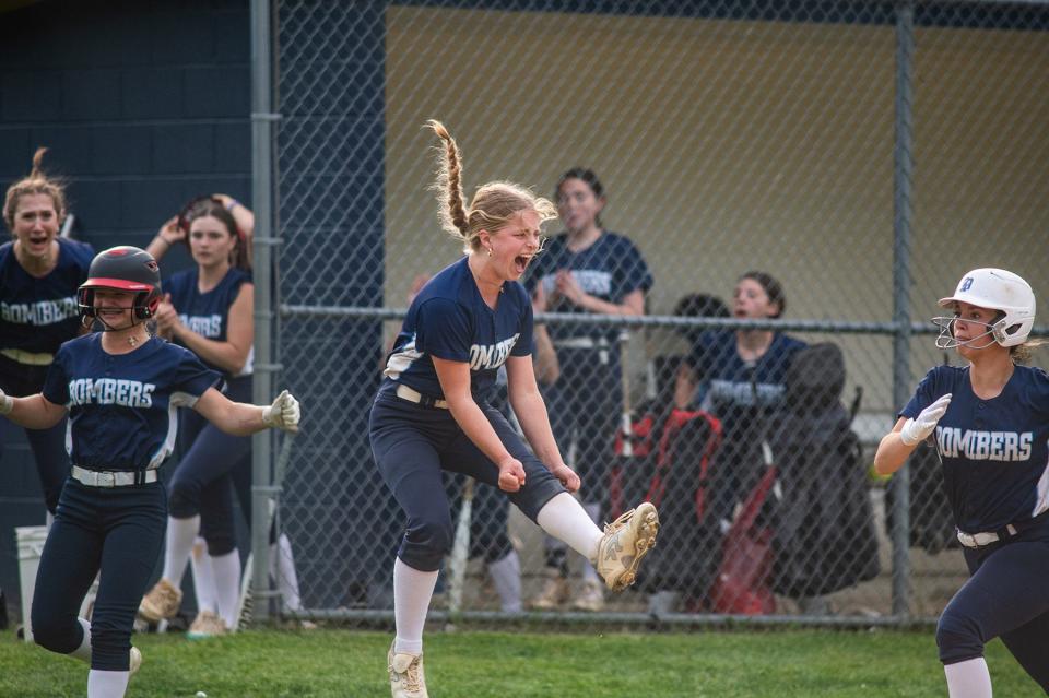 The Pine Plains softball team celebrates its comeback win over Spackenkill in a MHAL semifinal on May 13, 2024.
