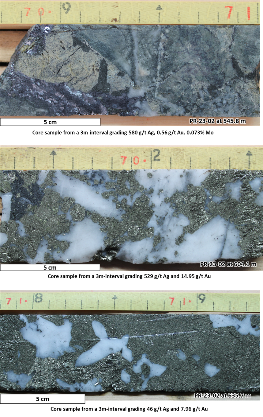 <strong>Figure 4 </strong>- Mineralogical samples of select drill core from PR-23-02 where multiple overlapping mineral events are evident.