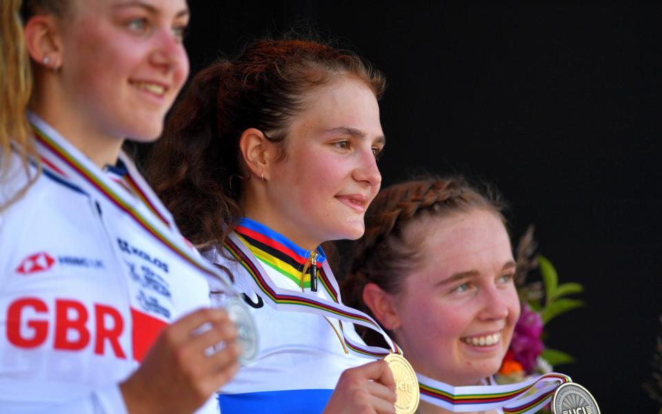 Zoe Backstedt (left to right), Alena Ivanchenko and Antonia Niedermaier – Britain's Zoe Backstedt takes junior time trial silver behind Russia's Alena Ivanchenko - GETTY IMAGES