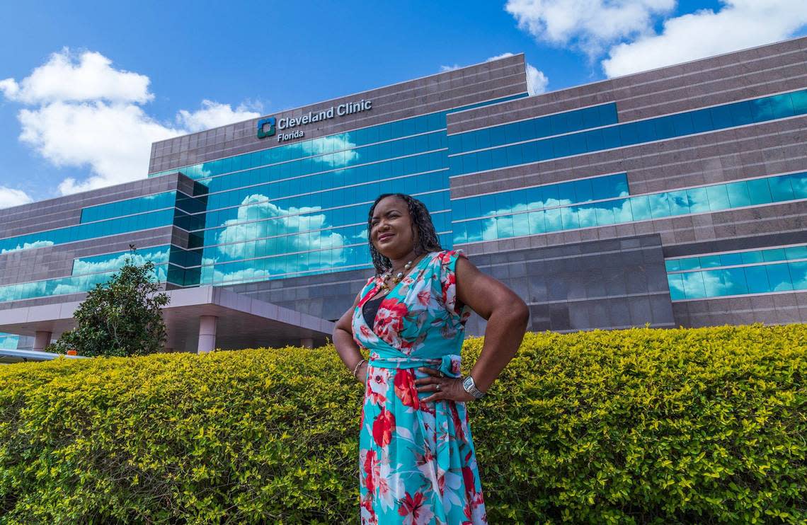 Nicole Smith, a cardiovascular patient, poses outside of the Cleveland Clinic in Weston where she was treated back in 2023, on Monday, April 29, 2024.