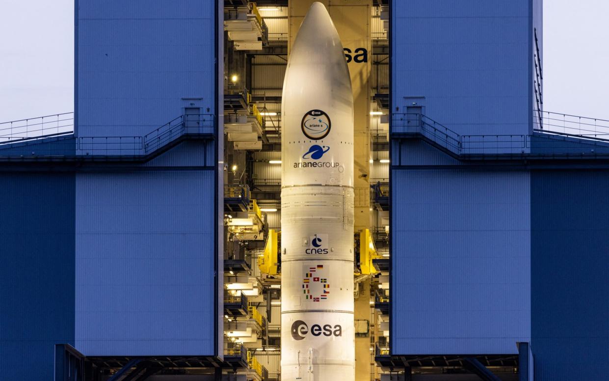 The European Space Agency Ariane 6 rocket prior to its maiden launch at the Guiana Space Centre in Kourou, French Guiana, today