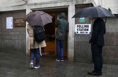 People queue in the rain outside a polling station for the Referendum on the European Union in north London, Britain, June 23, 2016. REUTERS/Neil Hall