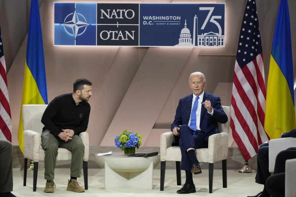 President Joe Biden, right, speaks during a meeting with Ukraine's President Volodymyr Zelenskyy on the sidelines of the NATO Summit in Washington, Thursday, July 11, 2024. (AP Photo/Susan Walsh)