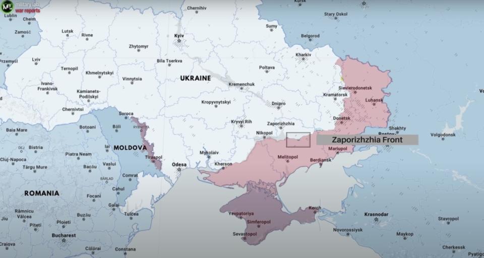 烏克蘭扎波羅熱戰線（方框處）。   圖：翻攝自YouTube／Military La
