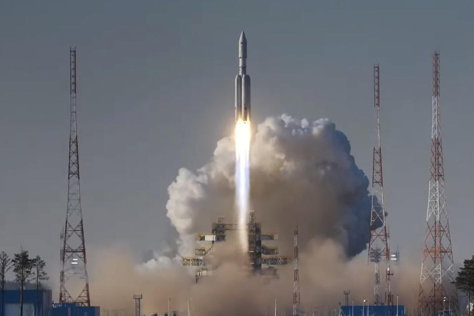 In this grab taken from video released by the Roscosmos space corporation on Thursday, April 11, 2024 an Angara-A5 rocket lifts off from Vostochny space launch facility outside the city of Tsiolkovsky, about 200 kilometers (125 miles) from the city of Blagoveshchensk in the far eastern Amur region, Russia. Russia on Thursday successfully test-launched a new heavy-lift rocket from its Far Eastern space complex, a lift-off that comes after two aborted attempts earlier this week. (Roscosmos Space Corporation via AP)