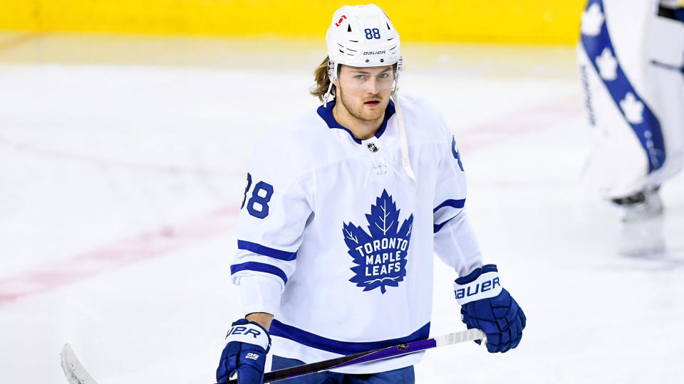 CALGARY, AB - APRIL 04: Toronto Maple Leafs Winger William Nylander (88) warms up before an NHL game where the Calgary Flames hosted the Toronto Maple Leafs on April 4, 2021, at the Scotiabank Saddledome in Calgary, AB. (Photo by Brett Holmes/Icon Sportswire via Getty Images)