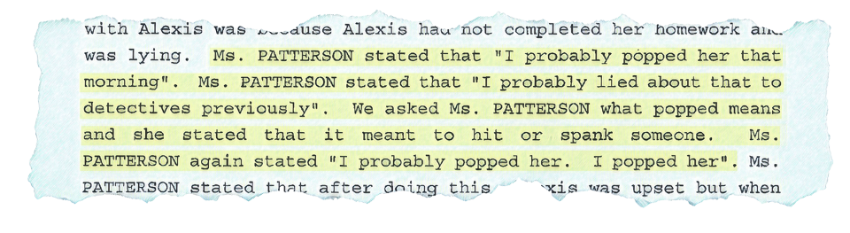 An excerpt from Milwaukee police records about the Alexis Patterson case.