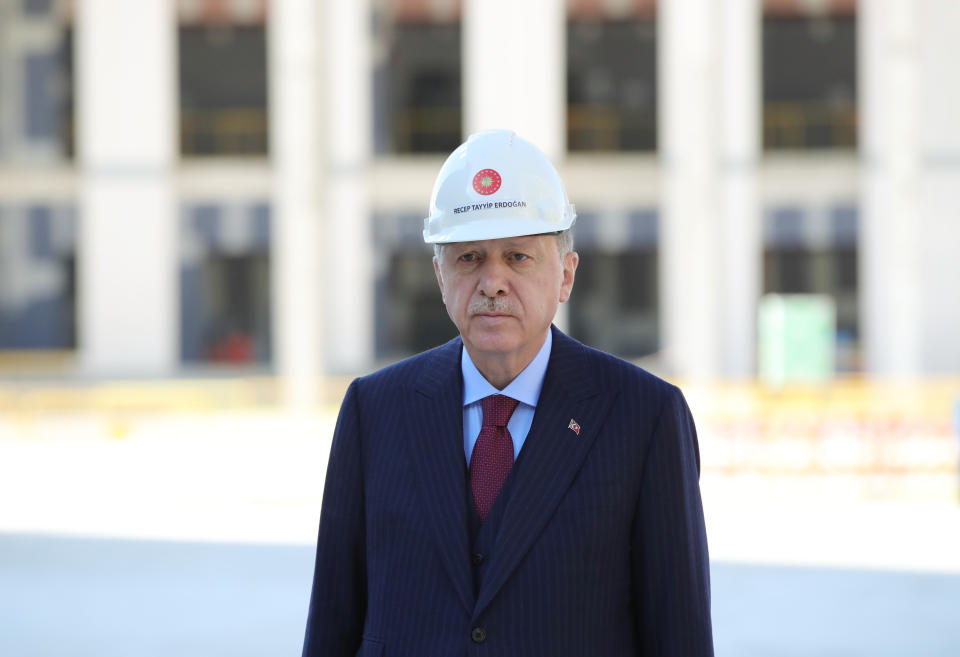 ANKARA, TURKEY - JUNE 5: President of Turkey Recep Tayyip Erdogan poses for a photo as he inspects the construction of Presidency of the Judicial Council service building in Ankara, Turkey on June 5, 2020 (Photo by Murat Kula/Anadolu Agency via Getty Images)