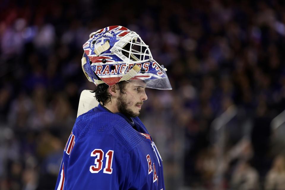 New York Rangers goaltender Igor Shesterkin (31) reacts against the New York Rangers in the second period of an NHL hockey game Wednesday, Dec. 27, 2023, in New York.