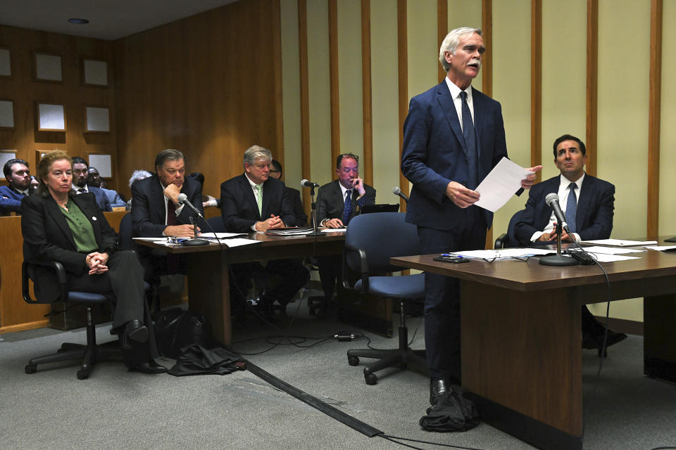 Attorney William Bloss, representing plaintiff and Democratic Mayoral candidate John Gomes, speaks during a hearing in Bridgeport Superior Court in Bridgeport, Conn., Mondya, Sept. 25, 2023. (Ned Gerard/Hearst Connecticut Media via AP, Pool)