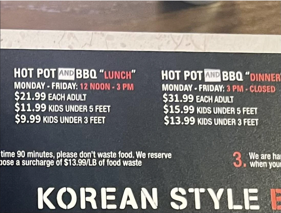 Restaurant menu displaying different pricing for hot pot and BBQ lunch and dinner based on adult and child height