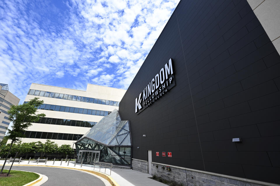 The exterior of Kingdom Fellowship AME Church is seen after Sunday Service, Sunday, June 2, 2024, in Calverton, Md. The suburban Maryland congregation, led by the Rev. Matthew L. Watley, has landed at the top of a list of the fastest-growing churches in America. (AP Photo/Terrance Williams)