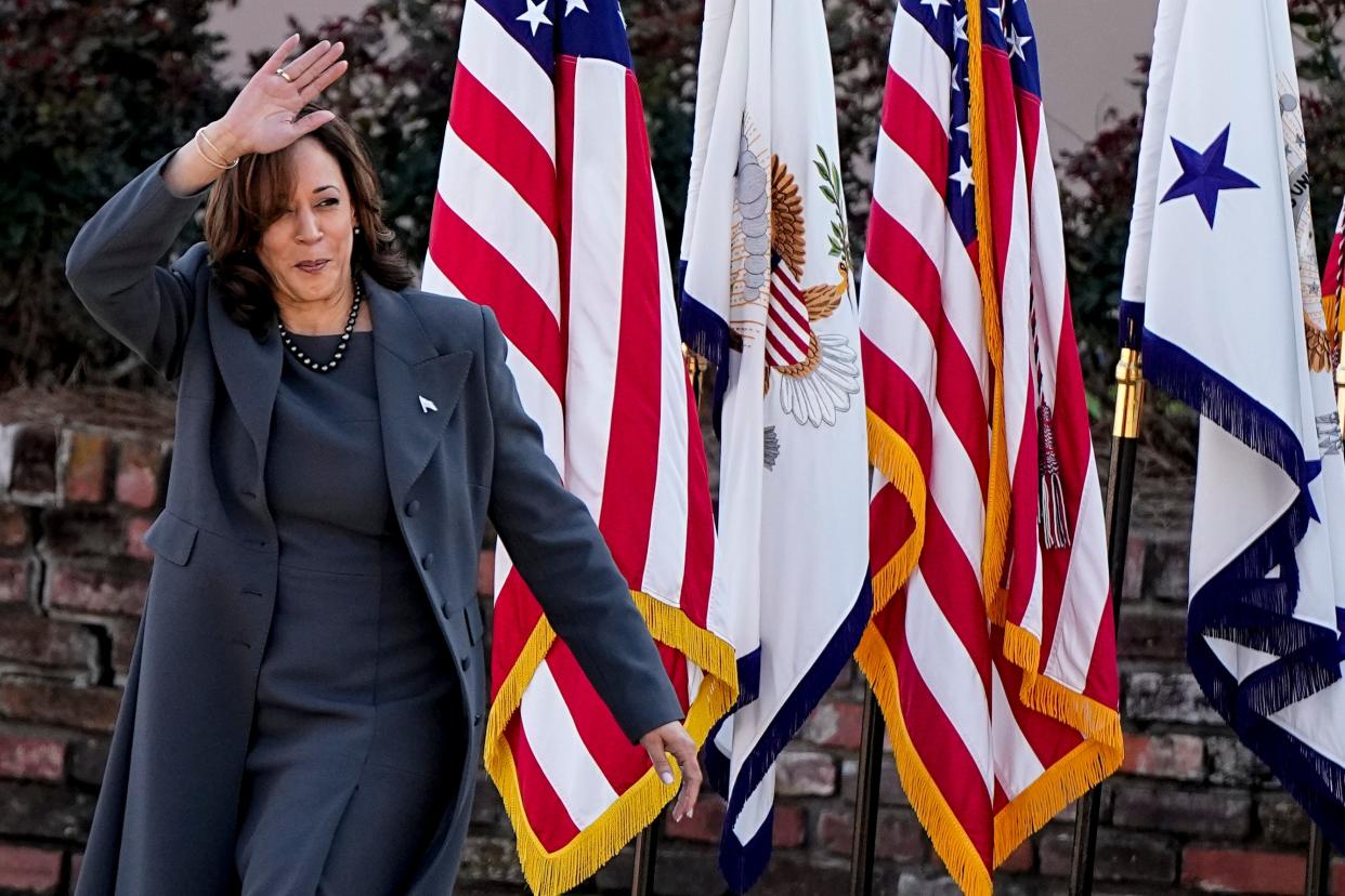 Vice President Kamala Harris walks to the stage before people walk across the Edmund Pettus Bridge commemorating the 59th anniversary of the Bloody Sunday voting rights march in 1965, Sunday, March 3, 2024, in Selma, Ala.